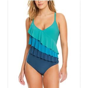 Beyond Control Ruffle-Tiered Color-Blocked One-Piece Swimsuit Blue Green 16 NWT